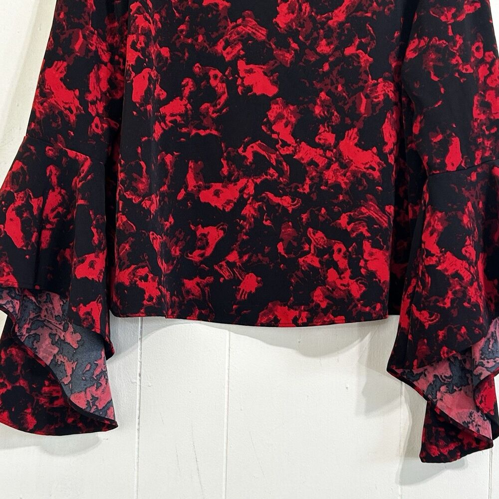 Carmen Marc Valvo Black & Red Floral Long Bell Sleeve Blouse Top Size Small - Picture 6 of 11
